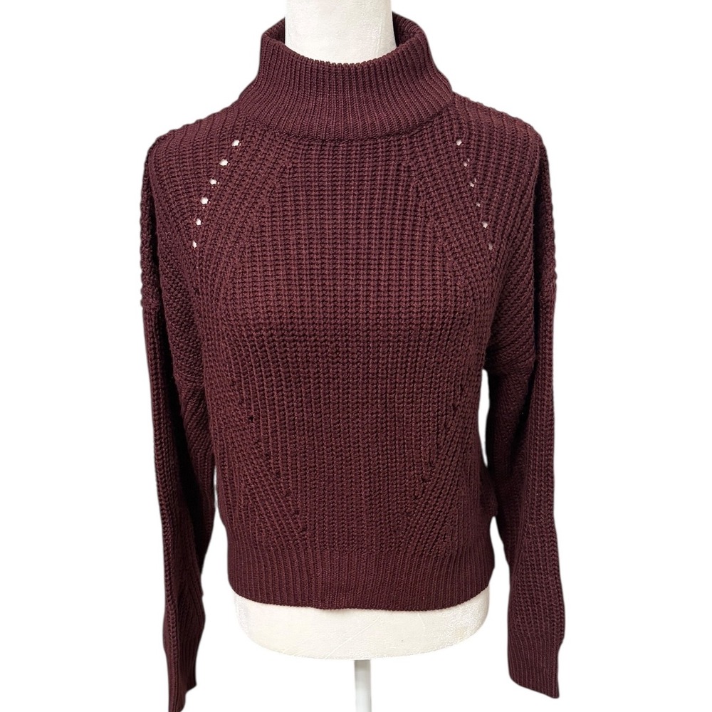 Poof Apparel Burgundy Open Stitch Mock Neck Textured‎ Knit Sweater Size Medium